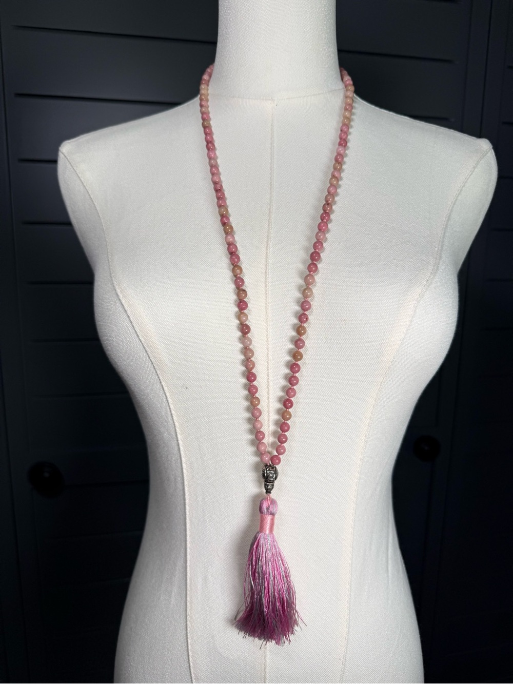 Handcrafted Pink Beaded Tassel Necklace